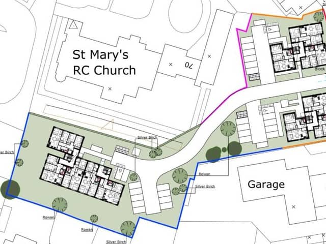 The three blocks, containing 39 social housing flats, would be sited on land next to St Mary's RC Church.