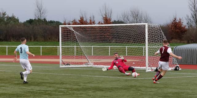 Dominic Small scores Carluke Rovers' goal against Gartcairn (Pic by Kevin Ramage)