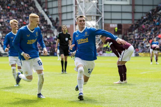 Rangers' Cole McKinnon celebrates scoring on his debut against Hearts.