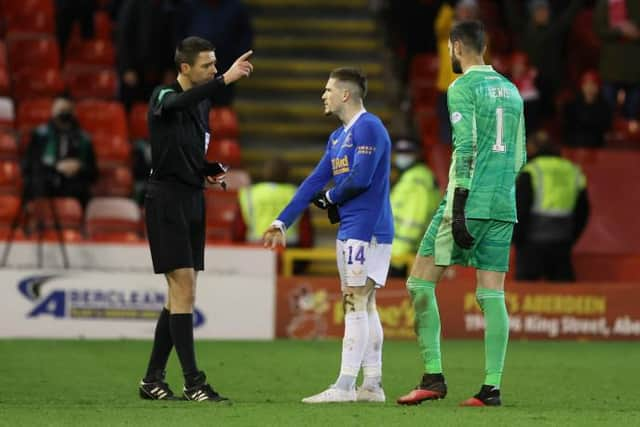 Rangers winger Ryan Kent is sent off by referee Kevin Clancy in the 83rd minute of the Scottish champions' 1-1 draw against Aberdeen at Pittodrie. (Photo by Craig Williamson / SNS Group)