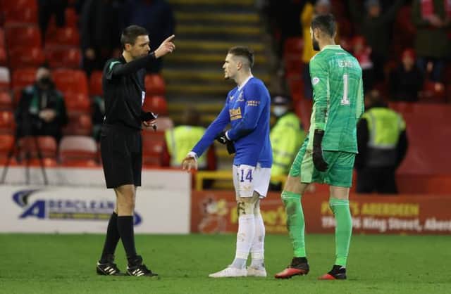 Rangers winger Ryan Kent is sent off by referee Kevin Clancy in the 83rd minute of the Scottish champions' 1-1 draw against Aberdeen at Pittodrie. (Photo by Craig Williamson / SNS Group)