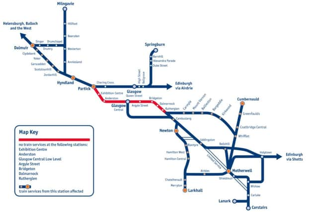 A four-mile section of the line, marked in red, will be closed for eight weeks. Picture: ScotRail