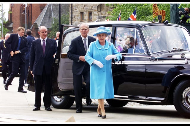 HRH The Queen, with Prince Philip, arrives at Glasgow Cathedral, prior to the Thanksgiving Service on the Queen's Golden Jubilee in 2002.