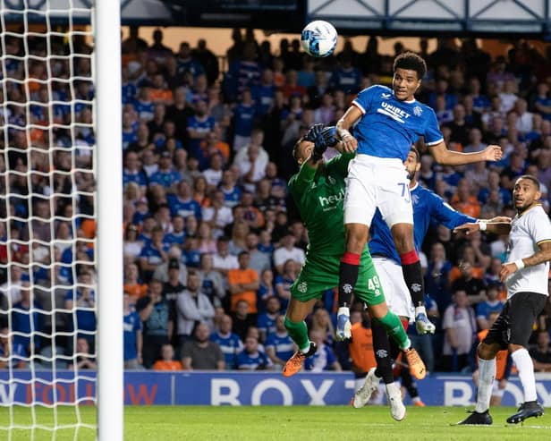 Rangers' Malik Tillman rises above Union's Anthony Moris to make it 3-0 to Rangers.