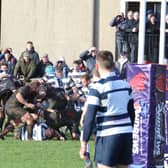 Biggar's forwards drive forward from a lineout to score the hosts' first try (Pic by Nigel Pacey)