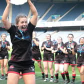 Biggar cptain Abbie Baillie jumps for joy after being presented with National Plate (Pics by Nigel Pacey)