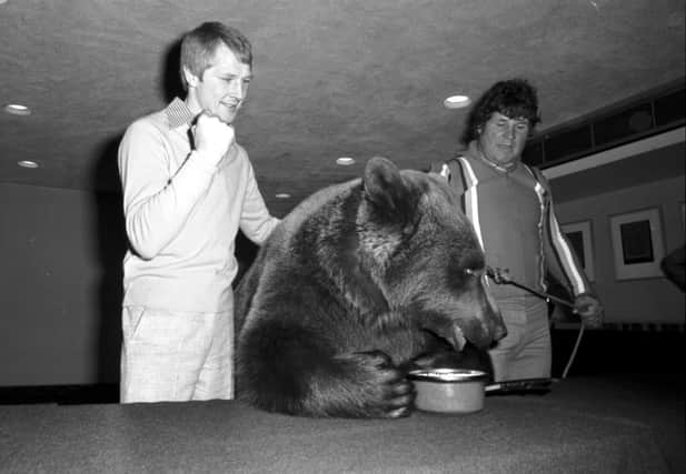 Scottish boxer Jim Watt and handler Andy Robin with Hercules the bear in Glasgow to publicise the Loch Lomond Rock Festival in April 1979.