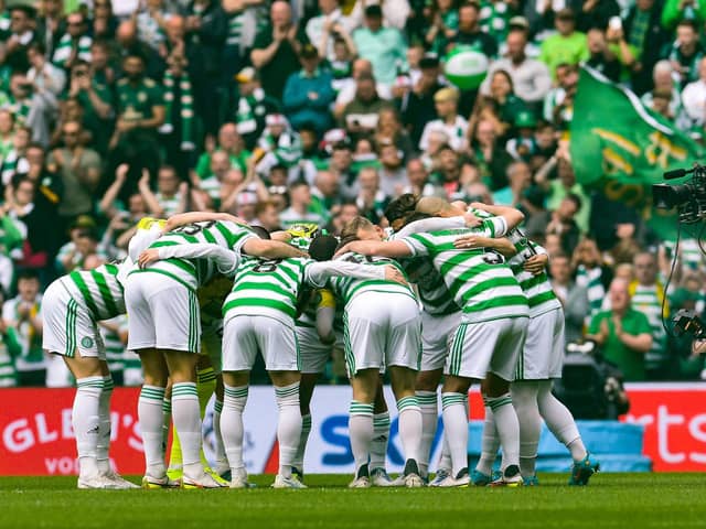 Celtic Huddle before bringing the curtain down on a title-winning season 2021-22.  (Photo by Craig Foy / SNS Group)