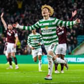 Kyogo Furuhashi celebrates after scoring to make it 1-0 during the cinch Premiership match between Celtic and Hearts. (Photo by Alan Harvey / SNS Group)