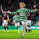 Kyogo Furuhashi celebrates after scoring to make it 1-0 during the cinch Premiership match between Celtic and Hearts. (Photo by Alan Harvey / SNS Group)