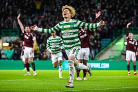 Kyogo Furuhashi celebrates after scoring to make it 1-0 during the cinch Premiership match between Celtic and Hearts. (Photo by Alan Harvey / SNS Group)