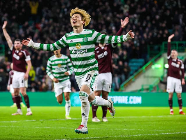 Kyogo Furuhashi celebrates after scoring to make it 1-0 during the cinch Premiership match between Celtic and Hearts. (Photo by Alan Harvey / SNS Group)