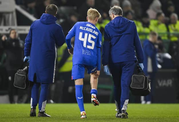 Rangers winger Ross McCausland goes off injured during the Scottish Cup win over Hibs on March 10. (Photo by Rob Casey / SNS Group)