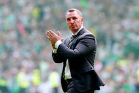 Celtic manager Brendan Rodgers applauds the fans at the end of the cinch Premiership match at Celtic park, Glasgow. PIC: Jane Barlow/PA Wire.