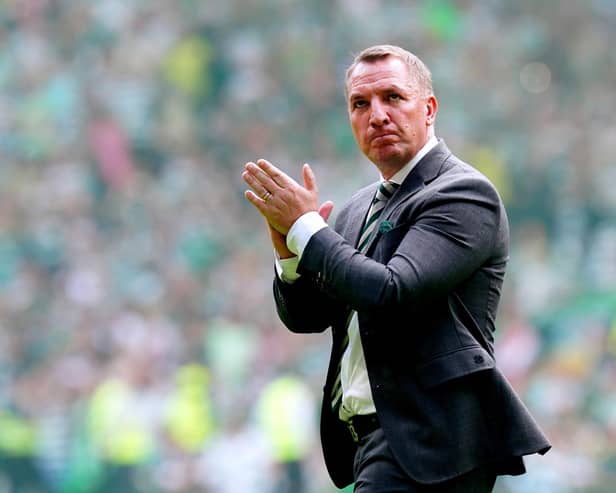 Celtic manager Brendan Rodgers applauds the fans at the end of the cinch Premiership match at Celtic park, Glasgow. PIC: Jane Barlow/PA Wire.
