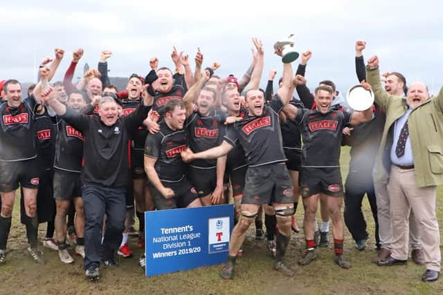 Biggar celebrate winning the 2019-20 National Division 1, before it was null and voided
