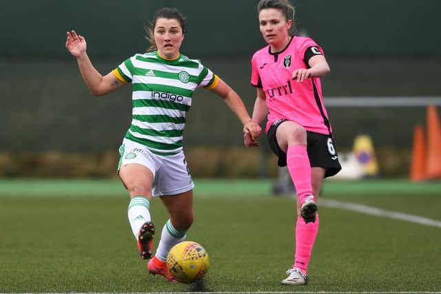 EAST KILBRIDE, SCOTLAND - APRIL 04: Celtic's Keeva Keenan (L) in action with Jo Love of Glasgow City during the SWPL match between Celtic and Glasgow City at K-Park, on April 04, 2021, in East Kilbride, Scotland. (Photo by Craig Foy / SNS Group)