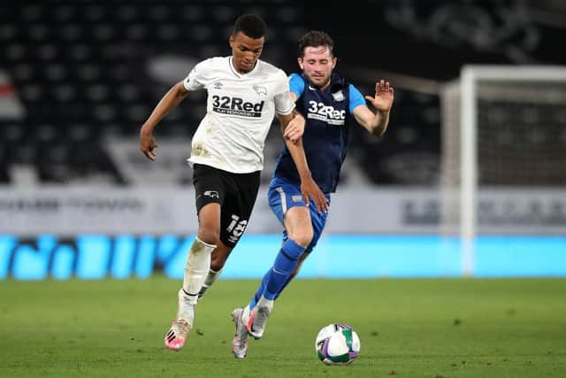 Morgan Whittaker in action for Derby County ahead of his move to Swansea City. (Photo by Alex Pantling/Getty Images)