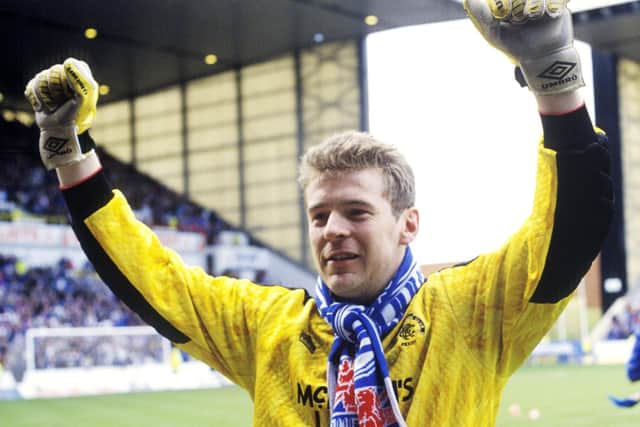 Rangers goalkeeper Andy Goram celebrates as Rangers make it four championships in a row in 1992.