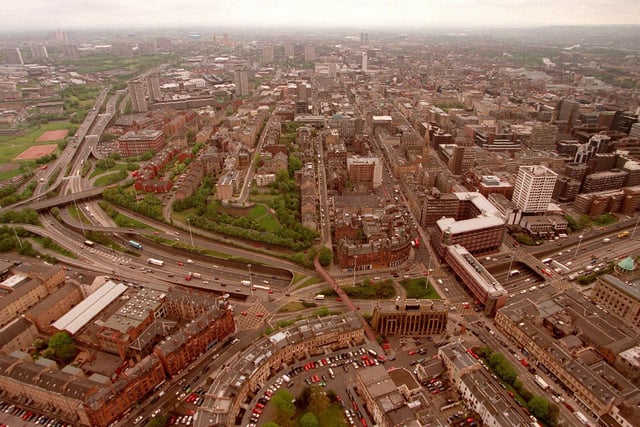 Aerial view of the M8 winding through Charing Cross.