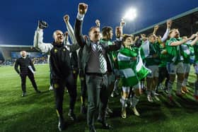Celtic manager Brendan Rodgers celebrates at full time after clinching the 2023/24 Premiership title with a 5-0 win at Kilmarnock.