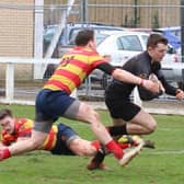 Ewan Stewart (1st right) was Biggar's four-try hero (Library pic by Nigel Pacey)
