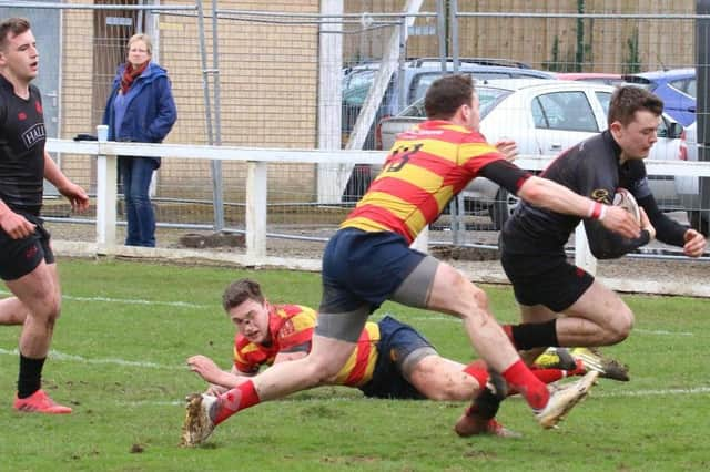 Ewan Stewart (1st right) was Biggar's four-try hero (Library pic by Nigel Pacey)