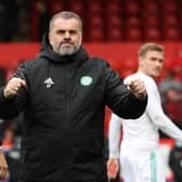 Celtic manager Ange Postecoglou celebrates with a fist pump towards the away support at full-time (Photo by Alan Harvey / SNS Group)