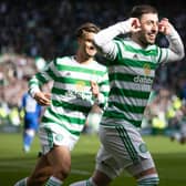 Celtic's Josip Juranovic celebrates making it 4-0 from the penalty spot during a cinch Premiership match between Celtic and St Johnstone at Celtic Park, on April 09, 2022, in Glasgow, Scotland.