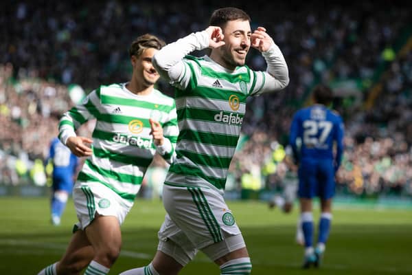 Celtic's Josip Juranovic celebrates making it 4-0 from the penalty spot during a cinch Premiership match between Celtic and St Johnstone at Celtic Park, on April 09, 2022, in Glasgow, Scotland.