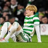 Celtic's Kyogo Furuhashi suffers an injury during a UEFA Europa League match between Celtic and Real Betis at Celtic Park, on December 09, 2021, in Glasgow, Scotland. (Photo by Rob Casey / SNS Group)