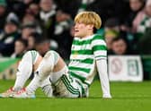 Celtic's Kyogo Furuhashi suffers an injury during a UEFA Europa League match between Celtic and Real Betis at Celtic Park, on December 09, 2021, in Glasgow, Scotland. (Photo by Rob Casey / SNS Group)
