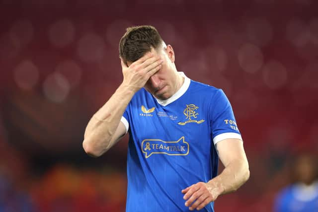 Rangers loanee Aaron Ramsey reacts after missing his penalty in the Europa League final defeat to Eintracht Frankfurt. (Photo by Alex Pantling/Getty Images)