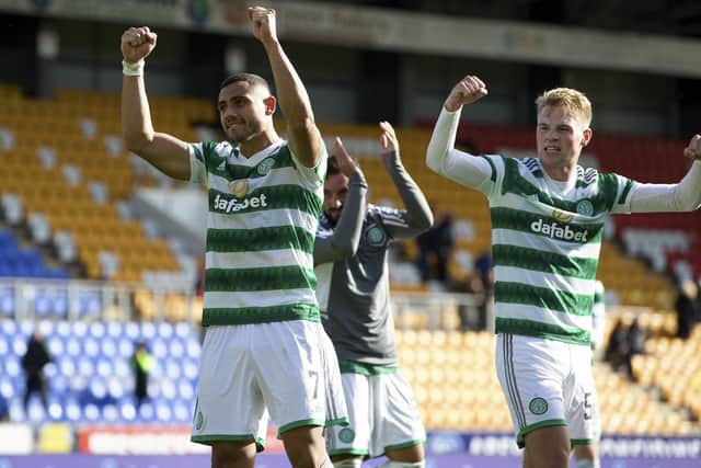 Stephen Welsh celebrates Celtic's late win at St Johnstone.  (Photo by Craig Williamson / SNS Group)