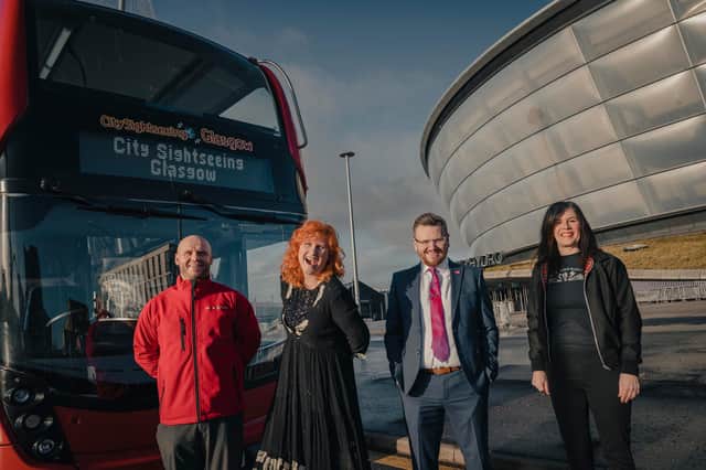 Richy Graham, operations manager at City Sightseeing Glasgow, singer-songwriter Eddi Reader, deputy council leader David McDonald and Fiona Shepherd, co-founder of Glasgow Music City Tours. Picture: Jamie Simpson