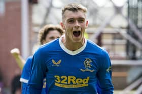 Cole McKinnon celebrates scoring on his Rangers debut in the 3-1 win over Hearts on May 14, 2022. (Photo by Ross Parker / SNS Group)