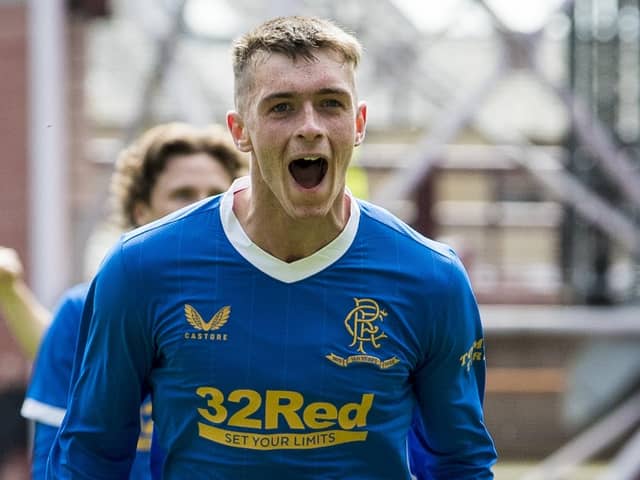 Cole McKinnon celebrates scoring on his Rangers debut in the 3-1 win over Hearts on May 14, 2022. (Photo by Ross Parker / SNS Group)