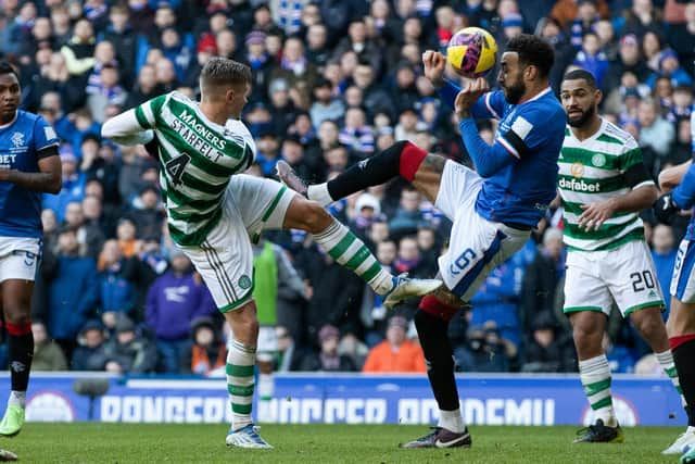 Rangers' Connor Goldson was subject to a VAR check for this handball against Celtic - but no penalty was awarded. (Photo by Craig Williamson / SNS Group)