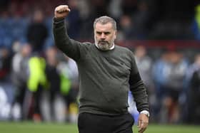 Celtic manager Ange Postecoglou reacts to the travelling support at full time.