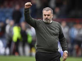 Celtic manager Ange Postecoglou reacts to the travelling support at full time.