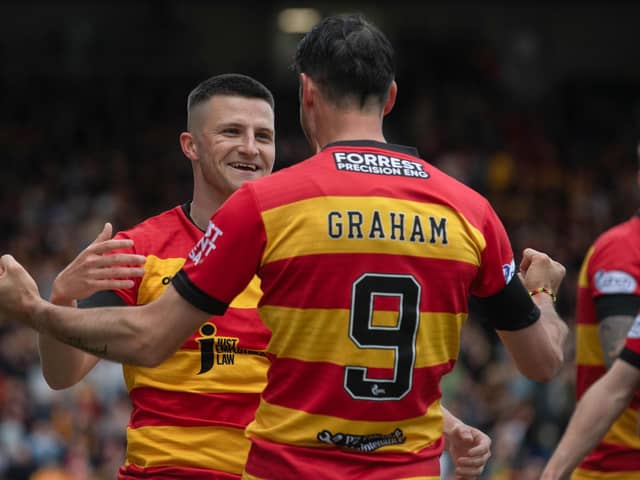 Partick's Aidan Fitzpatrick celebrates his opener with Brian Graham, who went on to score Thistle's second in the 2-0 win over Ross County. (Photo by Craig Foy / SNS Group)