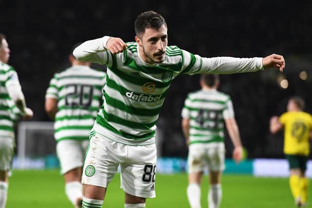 Celtic’s Josip Juranovic delights in the third successful penalty conversion of his five months with the Scottish club that would seem to put him in rare company. (Photo by Ross MacDonald / SNS Group)