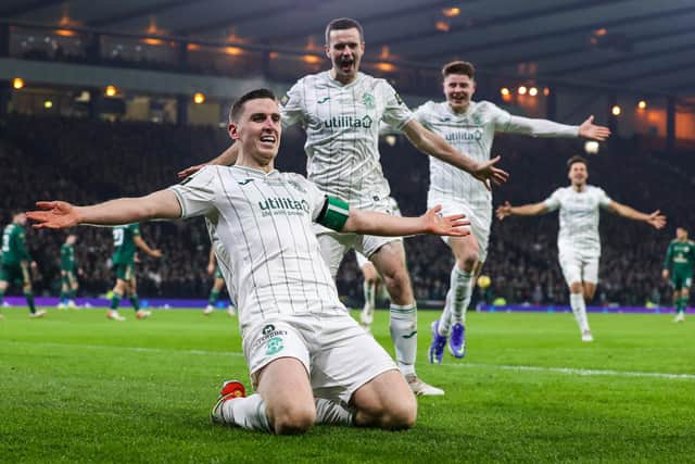 Paul Hanlon celebrates after scoring to make it 1-0 to Hibs. Picture: SNS