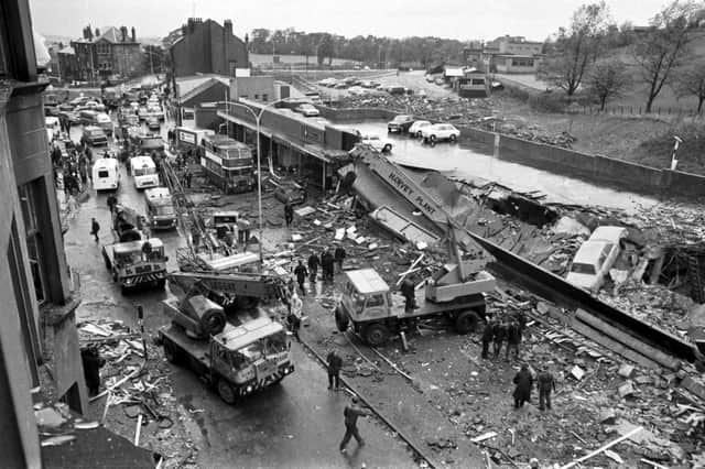 A section of the road at Clarkston Toll after a faulty gas main exploded killing 20 shoppers and injuring hundreds in October 1971