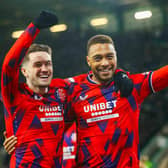 Rangers striker Cyriel Dessers celebrates with Scott Wright after scoring the 3-0 win over Hibs earlier this year. (Photo by Craig Williamson / SNS Group)