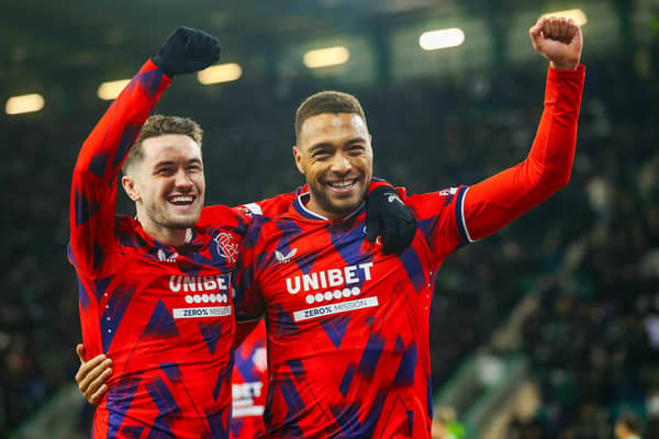 Rangers striker Cyriel Dessers celebrates with Scott Wright after scoring the 3-0 win over Hibs earlier this year. (Photo by Craig Williamson / SNS Group)