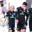 Celtic's Daizen Maeda, Matt O'Riley and Carl Starfelt look dejected after the 0-0 draw at Hibs. (Photo by Alan Harvey / SNS Group)