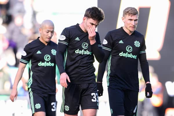 Celtic's Daizen Maeda, Matt O'Riley and Carl Starfelt look dejected after the 0-0 draw at Hibs. (Photo by Alan Harvey / SNS Group)