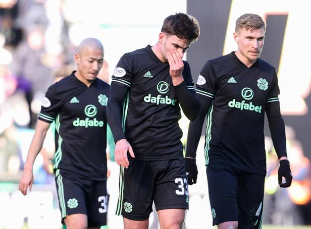 <p>Celtic's Daizen Maeda, Matt O'Riley and Carl Starfelt look dejected after the 0-0 draw at Hibs. (Photo by Alan Harvey / SNS Group)</p>