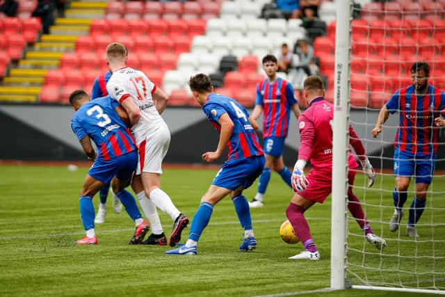Robert Jones backheels home Clyde's second goal in their NL Broadwood Cup final win over Airdrie (pic: Craig Black Photography)